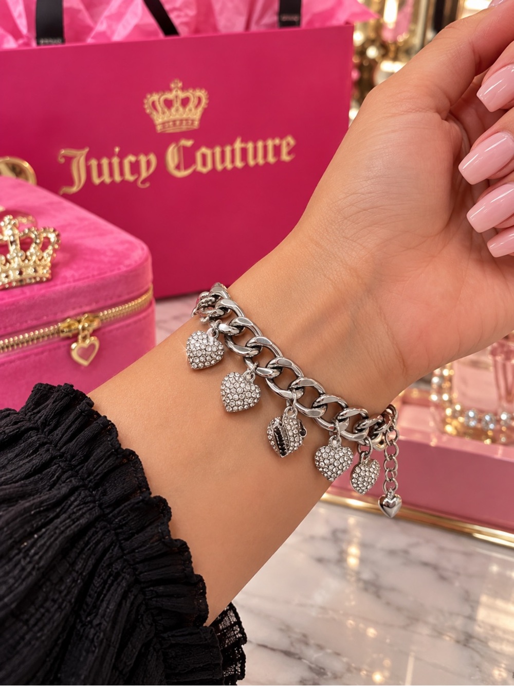 Juicy Couture Silver Crystal Heart Charm Bracelet